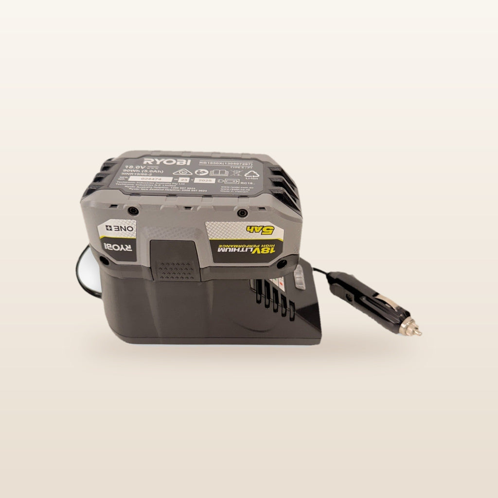 Ryobi ONE+ compatible Volt Step Down PRO + Auto Charger Bundle: front view with battery fitted, showing charge lights