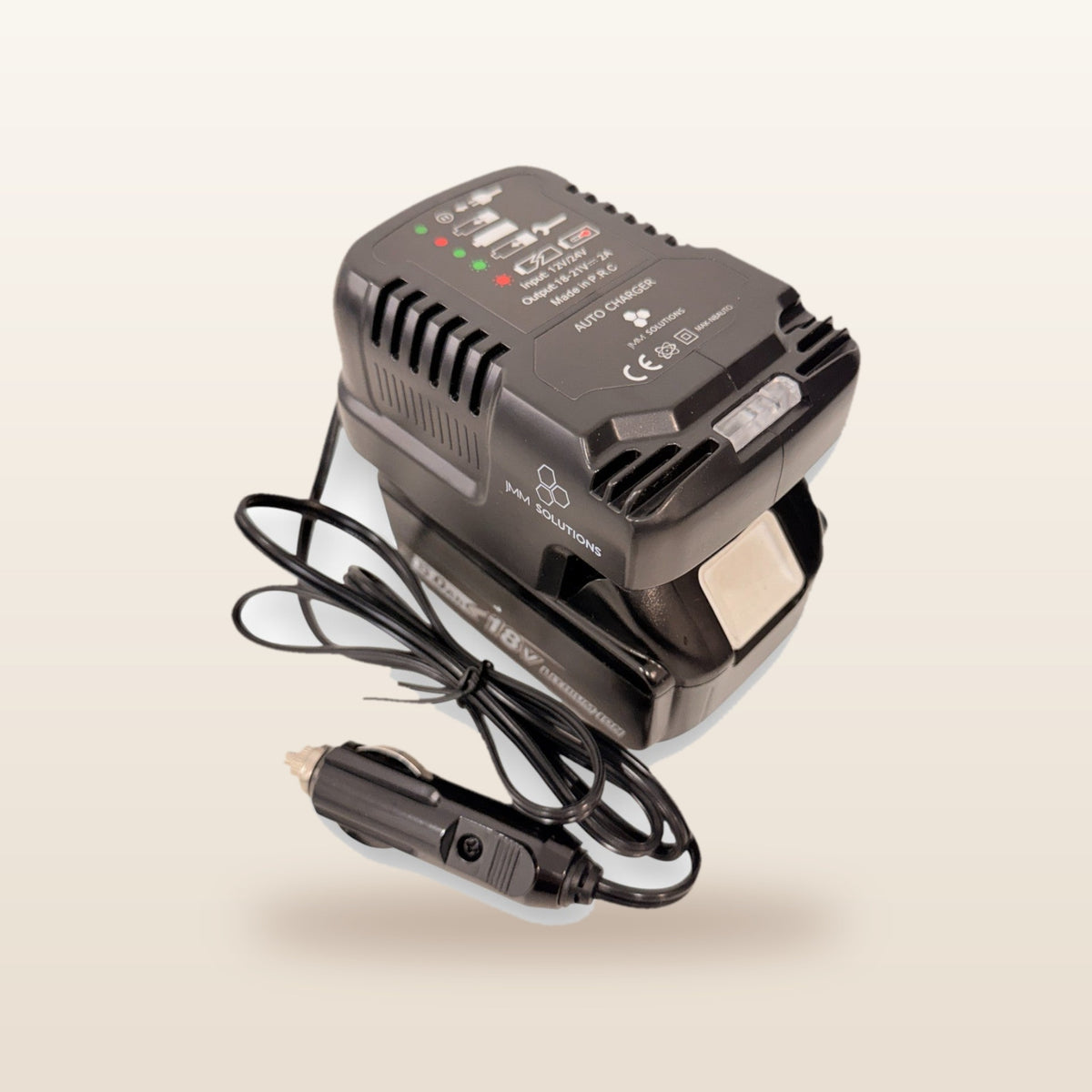 Makita-compatible Volt Step Down PRO + Auto Charger Bundle: in-car battery charger with an 18V battery and 12V plug lead