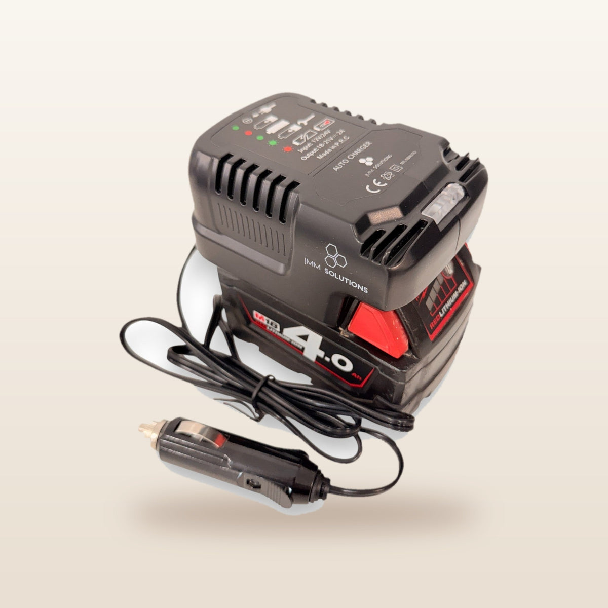 Milwaukee-compatible Volt Step Down PRO + Auto Charger Bundle: angled view of the charger with battery and 12V lead