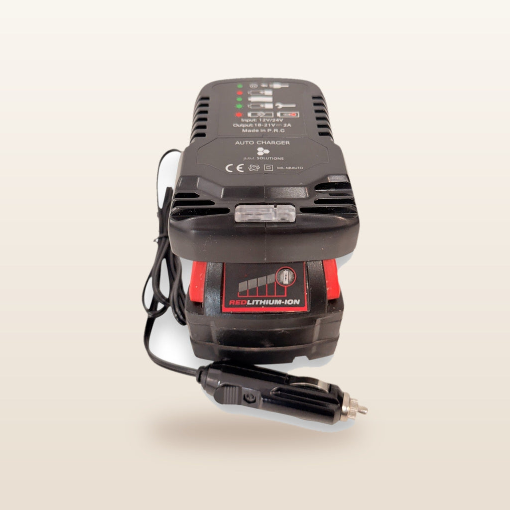 Milwaukee-compatible 18V to 12V Power Supply + Auto Charger Bundle: front view with battery fitted and 12V plug lead
