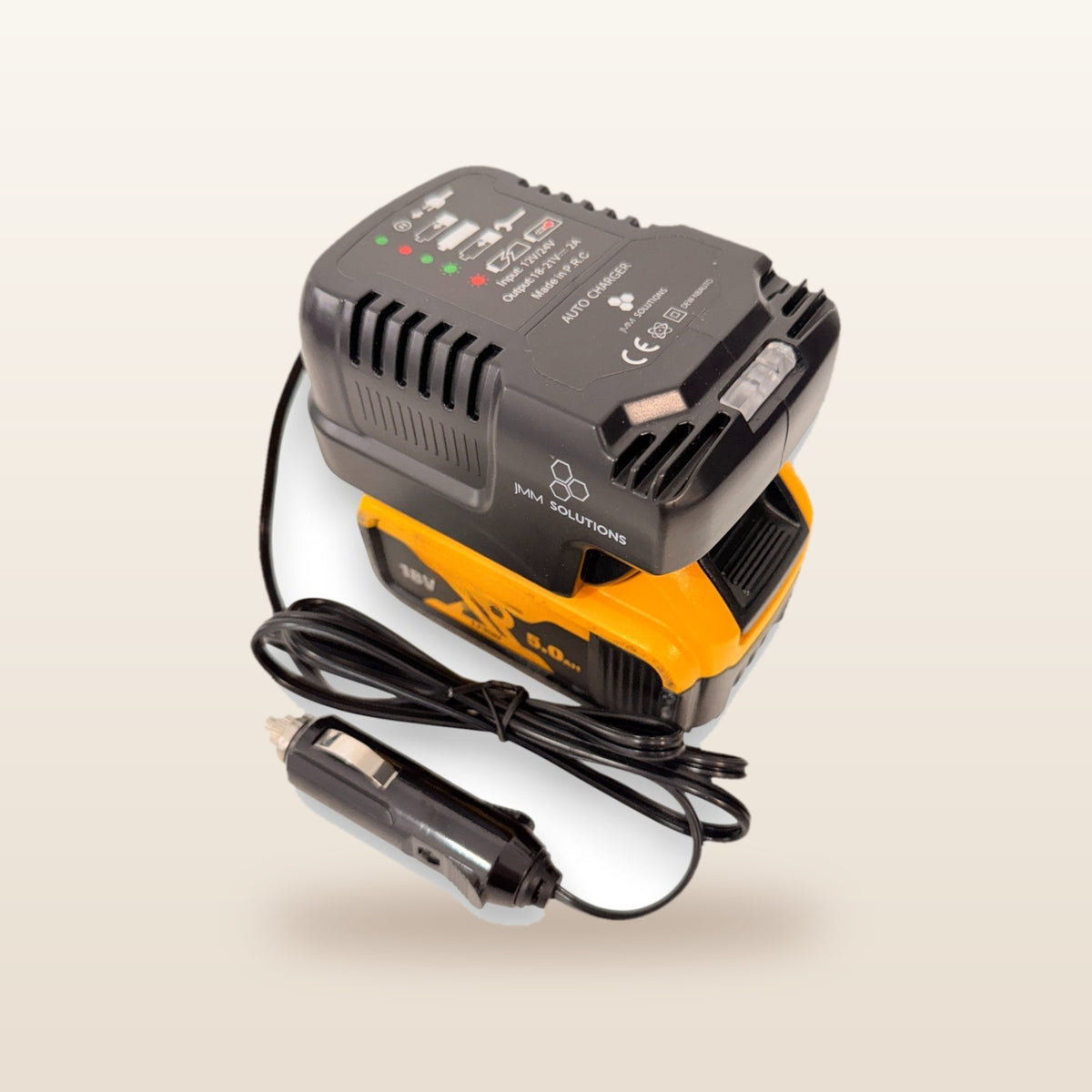 DeWalt-compatible 18V to 12V Power Supply + Auto Charger Bundle: angled view of the charger with battery and 12V lead