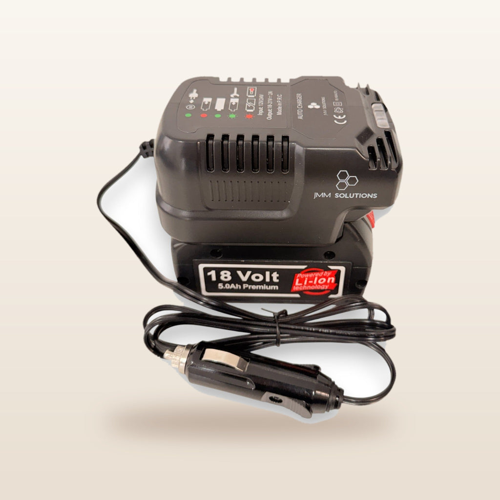 Bosch-compatible Auto Charger: angled view of the charger with battery and 12V lead