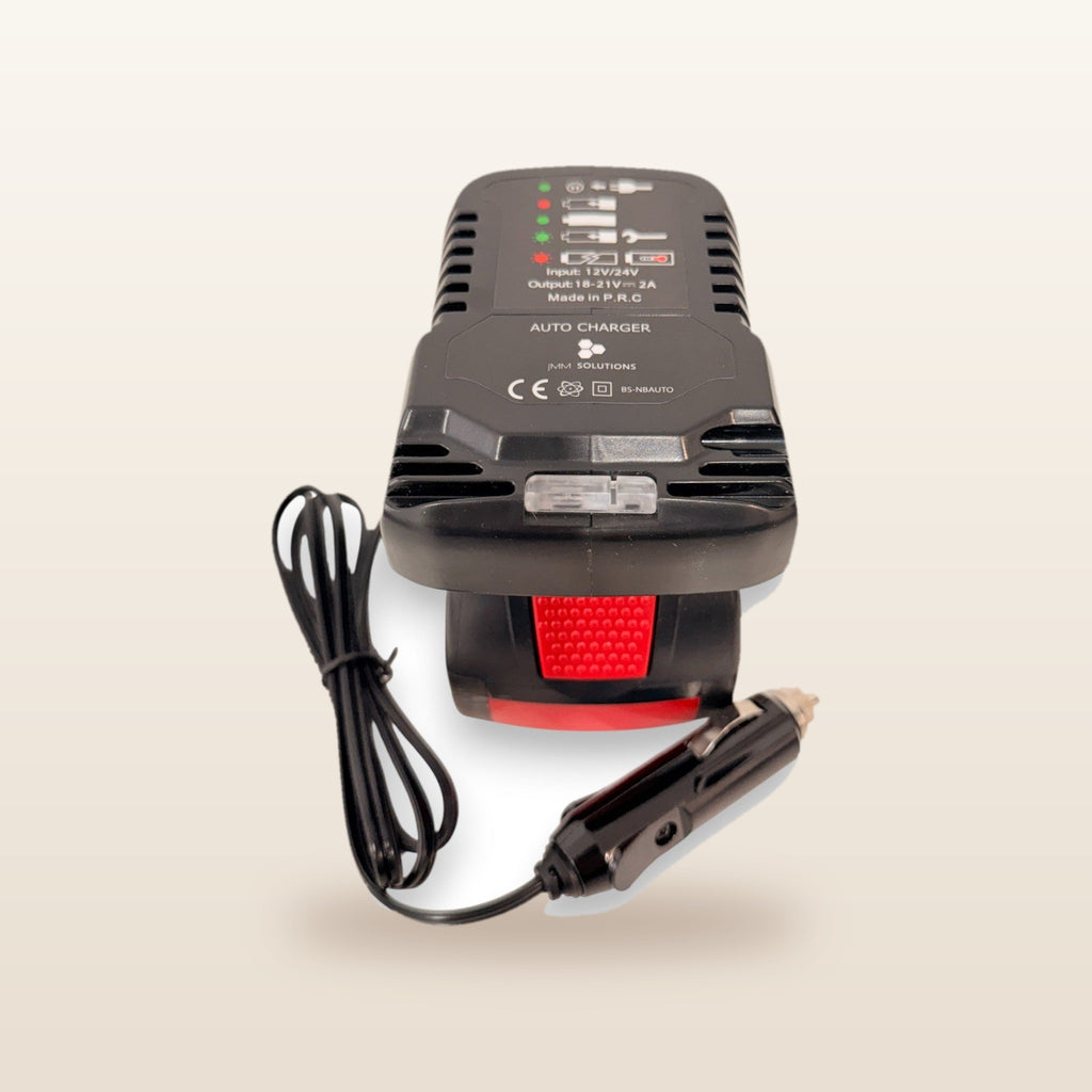Bosch-compatible Volt Step Down PRO + Auto Charger Bundle: front view with battery fitted and 12V plug lead