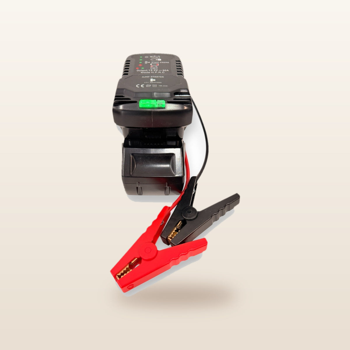 HiKOKI-compatible 18V Jump Starter: front view on the battery with clamps