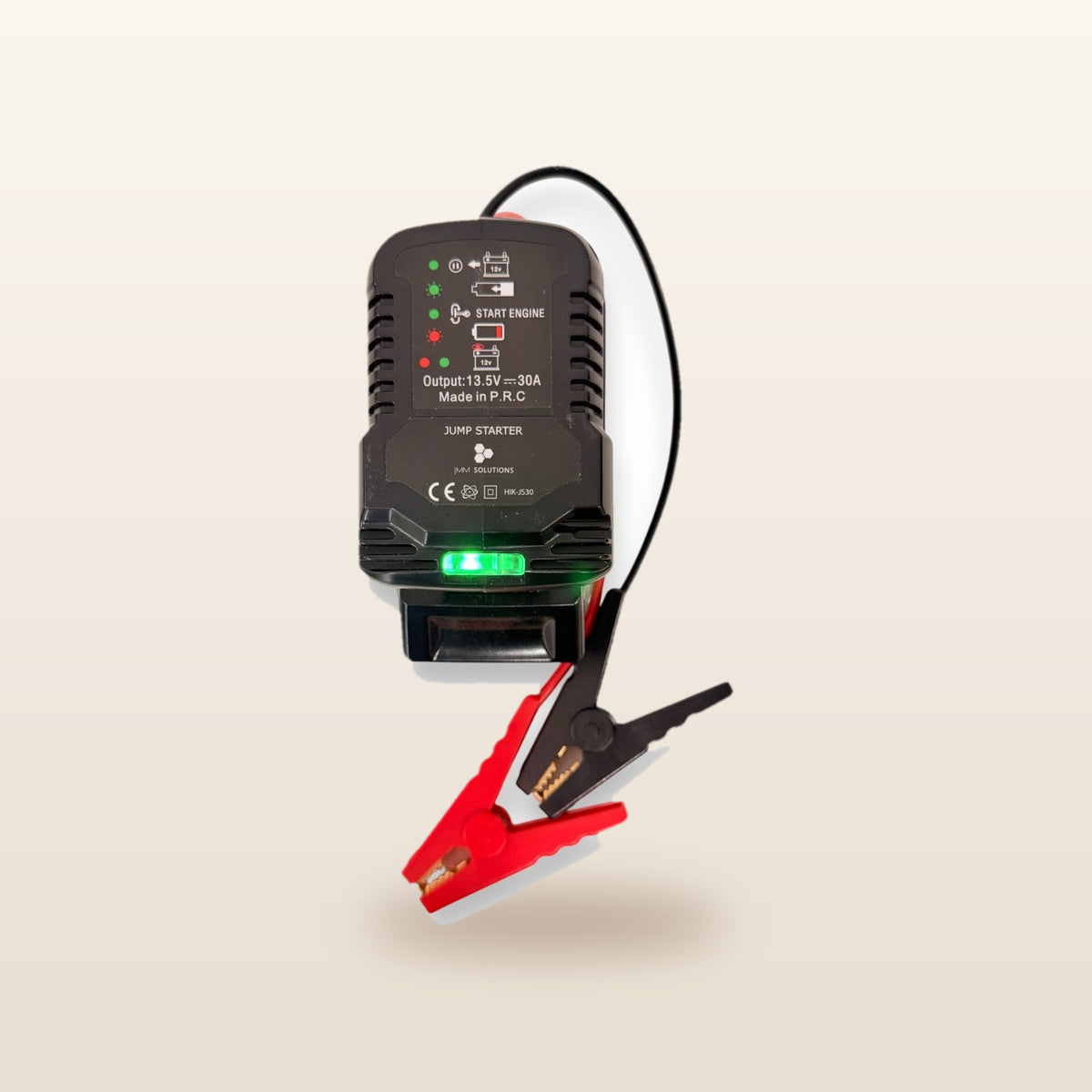 HiKOKI-compatible 18V Jump Starter: front view showing the status lights and clamps