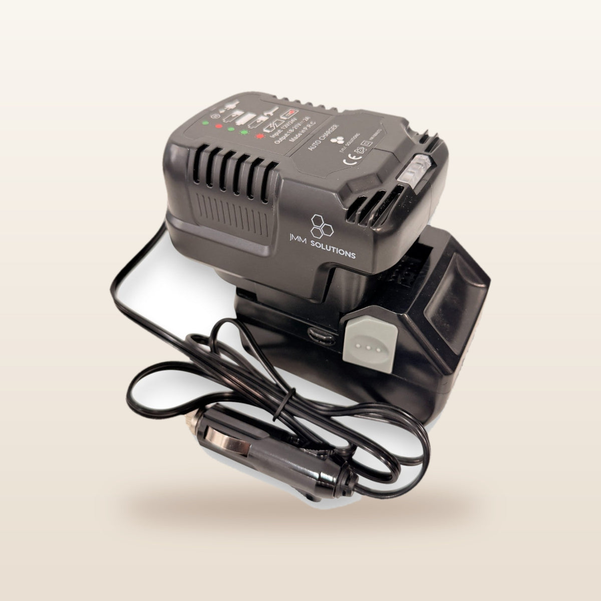 HiKOKI-compatible 18V to 12V Power Supply + Auto Charger Bundle: angled view of the charger with battery and 12V lead