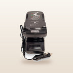 HiKOKI-compatible 18V to 12V Power Supply + Auto Charger Bundle: front view with battery fitted and 12V plug lead
