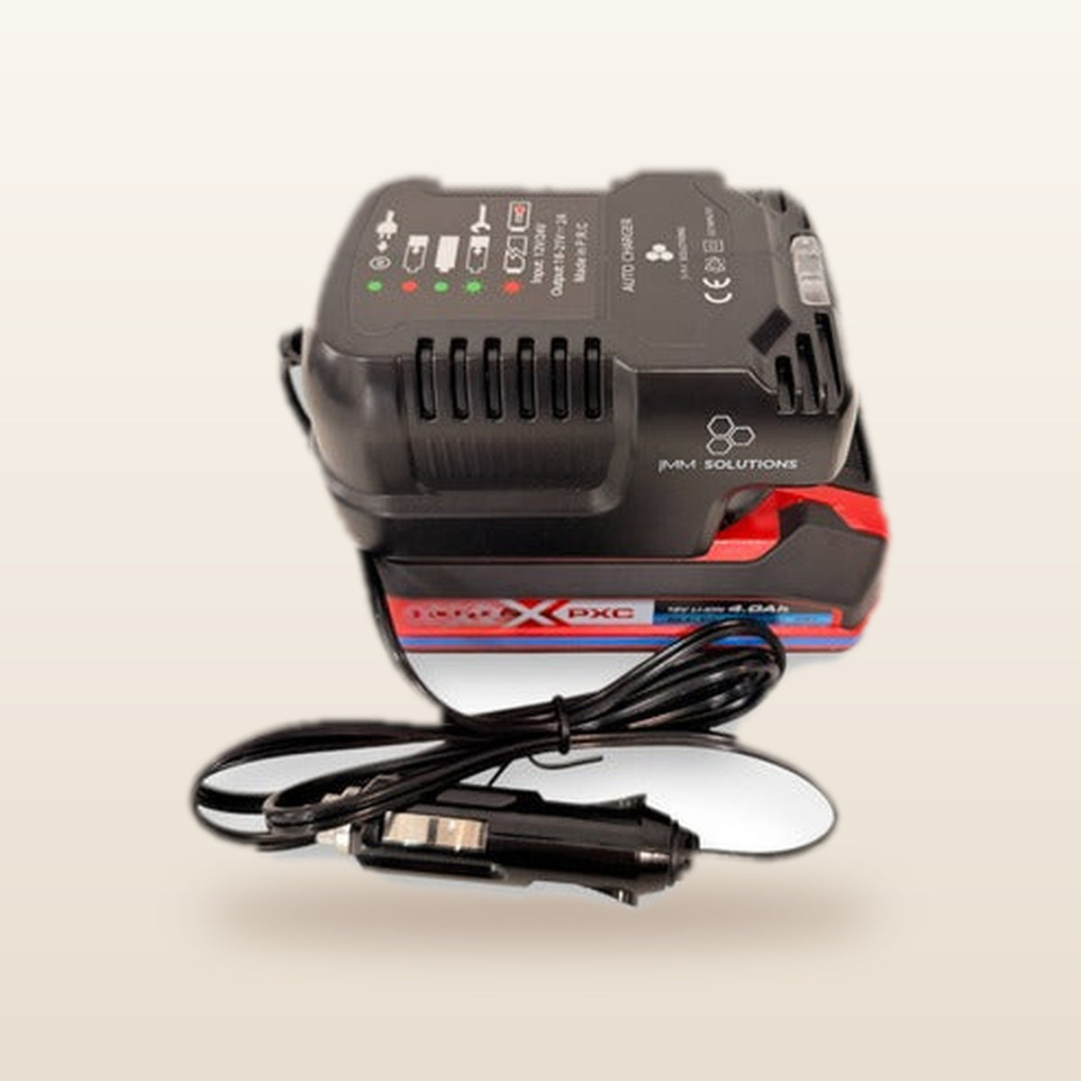 Ozito/Einhell-compatible Volt Step Down PRO + Auto Charger Bundle: angled view of the charger with battery and 12V lead