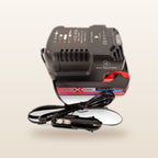 Ozito/Einhell-compatible Auto Charger: angled view of the charger with battery and 12V lead
