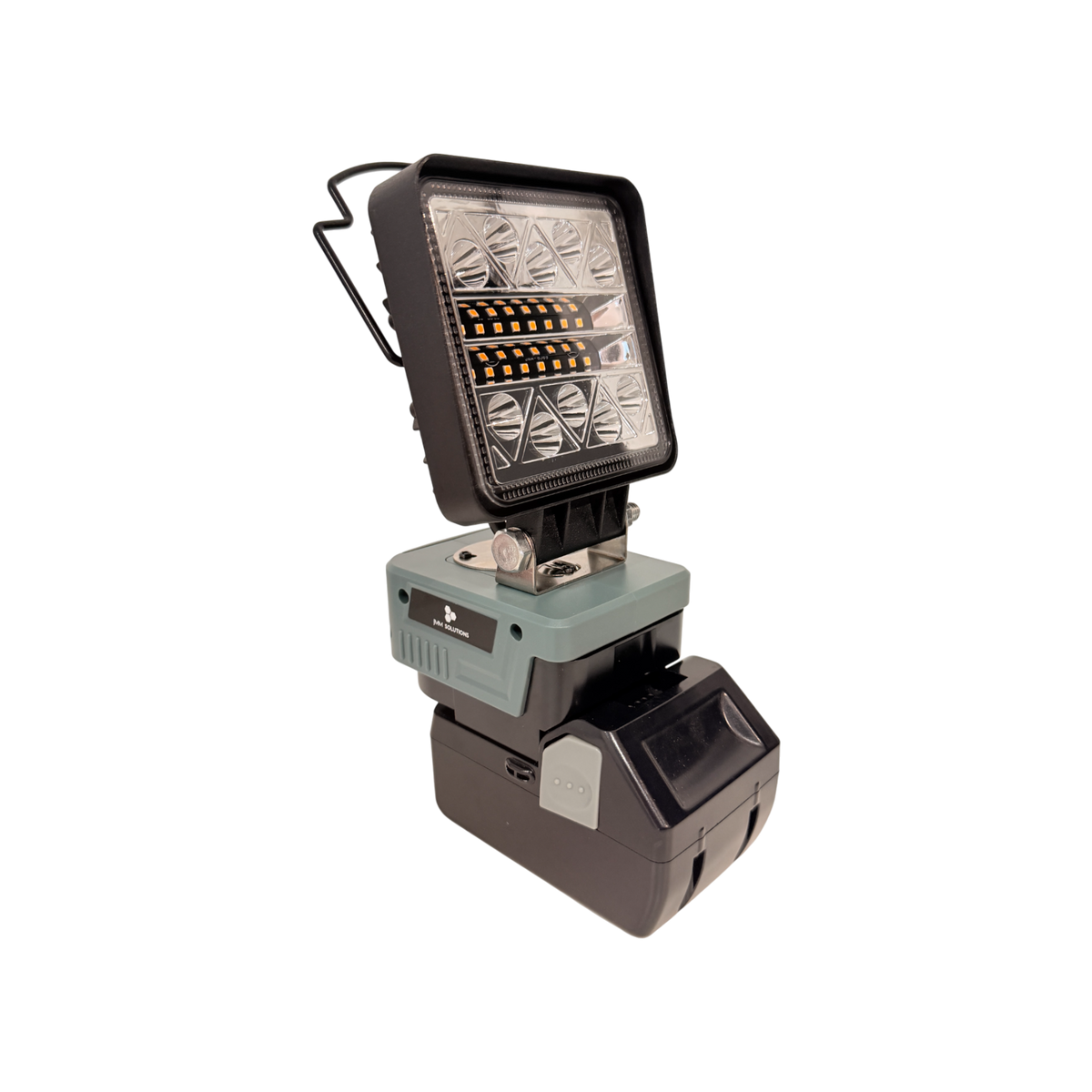 HiKOKI-compatible 18V LED Camp Light: angled view on an 18V battery