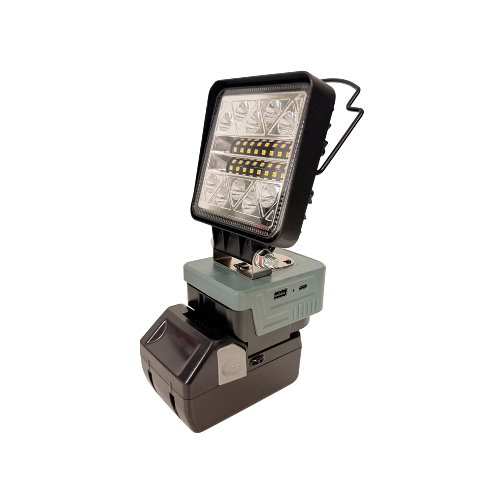 HiKOKI-compatible 18V LED Light & Fan Bundle: LED light, side angle on an 18V battery