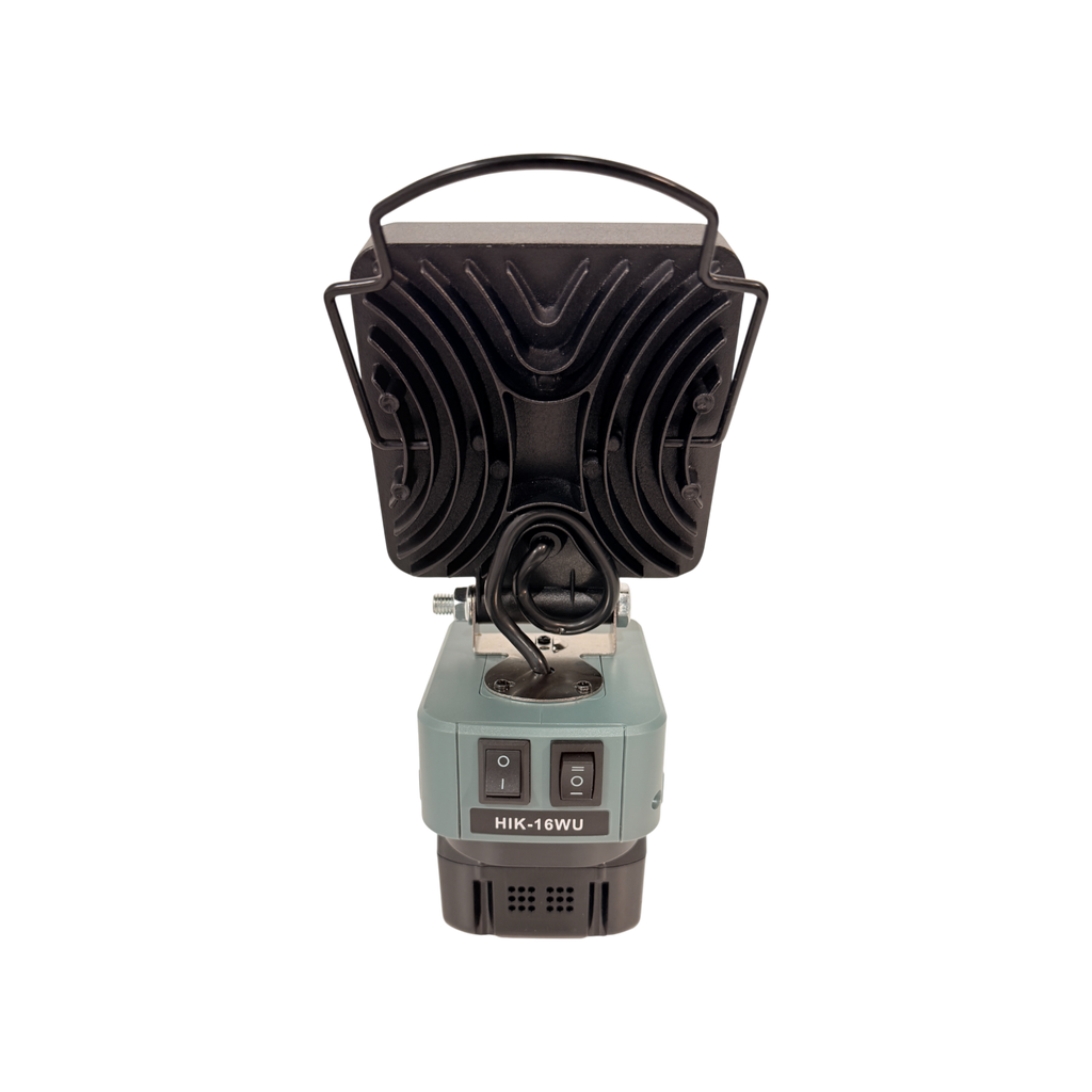 HiKOKI-compatible 18V LED Light & Fan Bundle: LED light, rear view showing the heat sink and wire handle