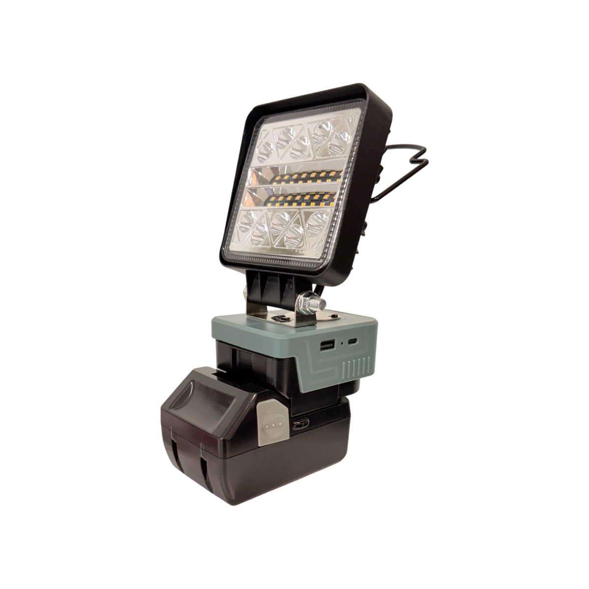 HiKOKI-compatible 18V LED Camp Light: side angle on an 18V battery