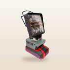 Ozito/Einhell-compatible 18V LED Camp Light: angled view on an 18V battery