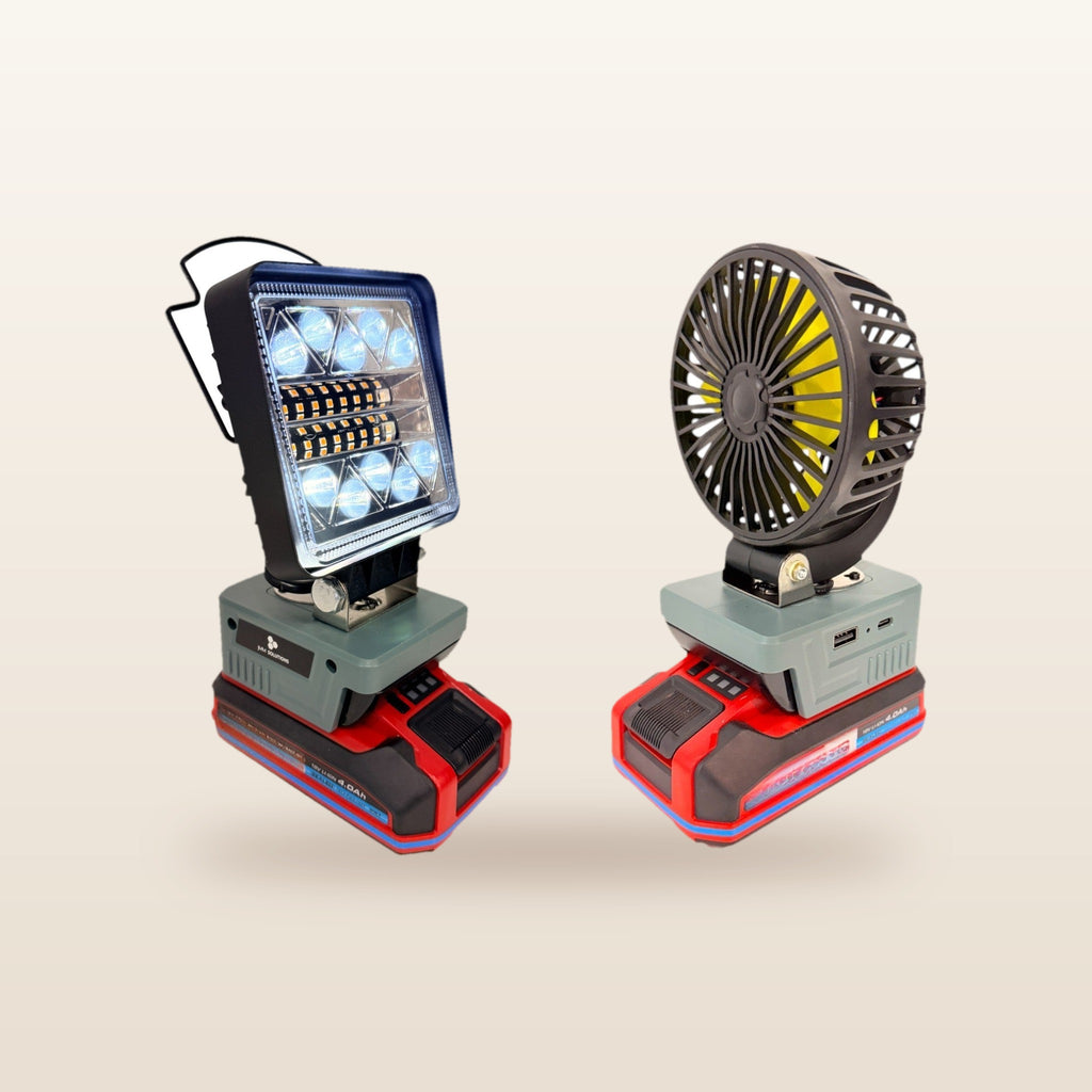 Ozito/Einhell-compatible 18V LED Light & Fan Bundle: LED light and fan side by side