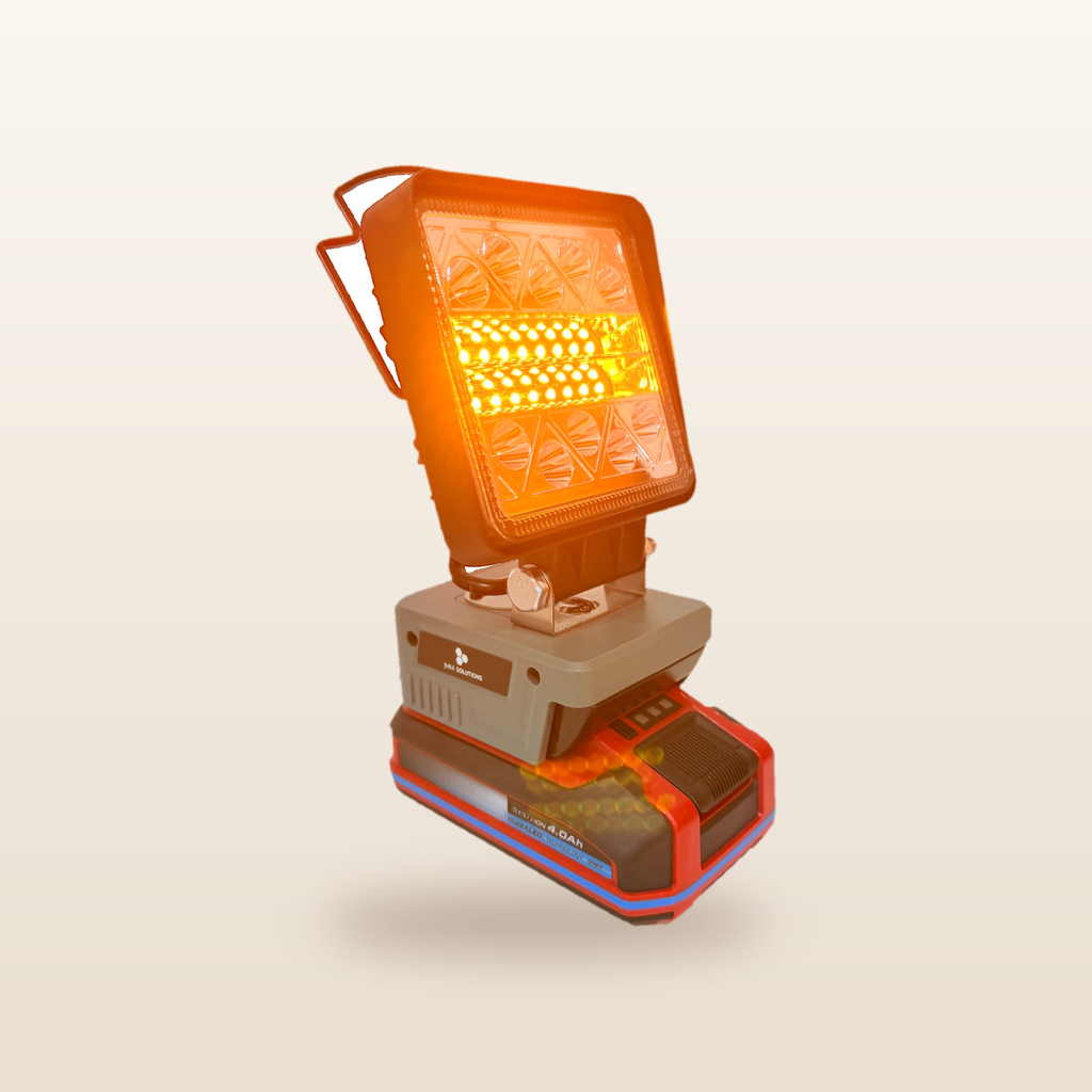 Ozito/Einhell-compatible 18V LED Camp Light: on an 18V battery, glowing orange