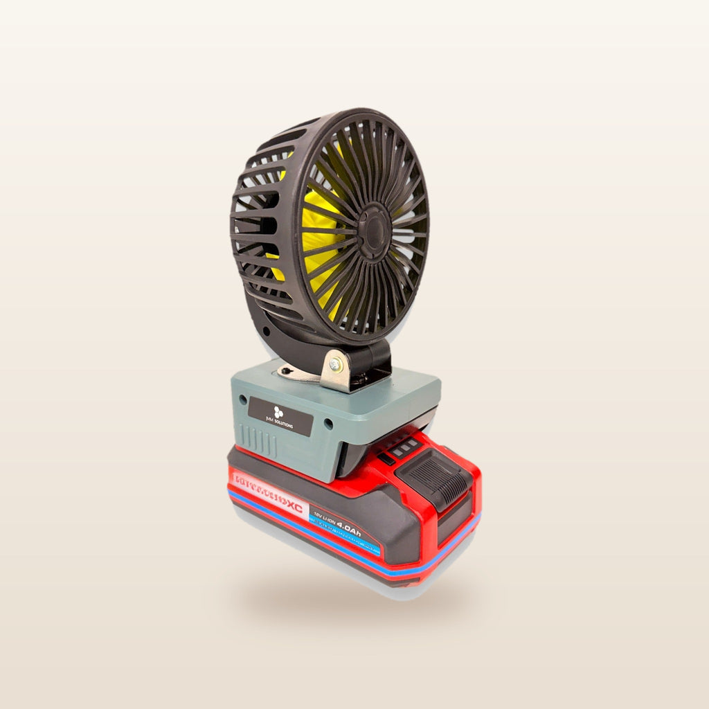 Ozito/Einhell-compatible 18V LED Light & Fan Bundle: fan on an 18V battery, other side