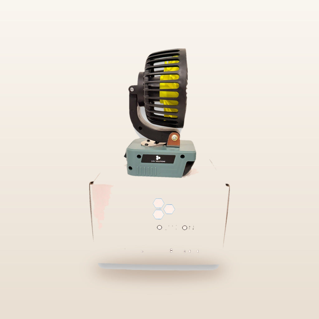 Ozito/Einhell-compatible 18V 100mm Fan: on an 18V battery, standing on its box
