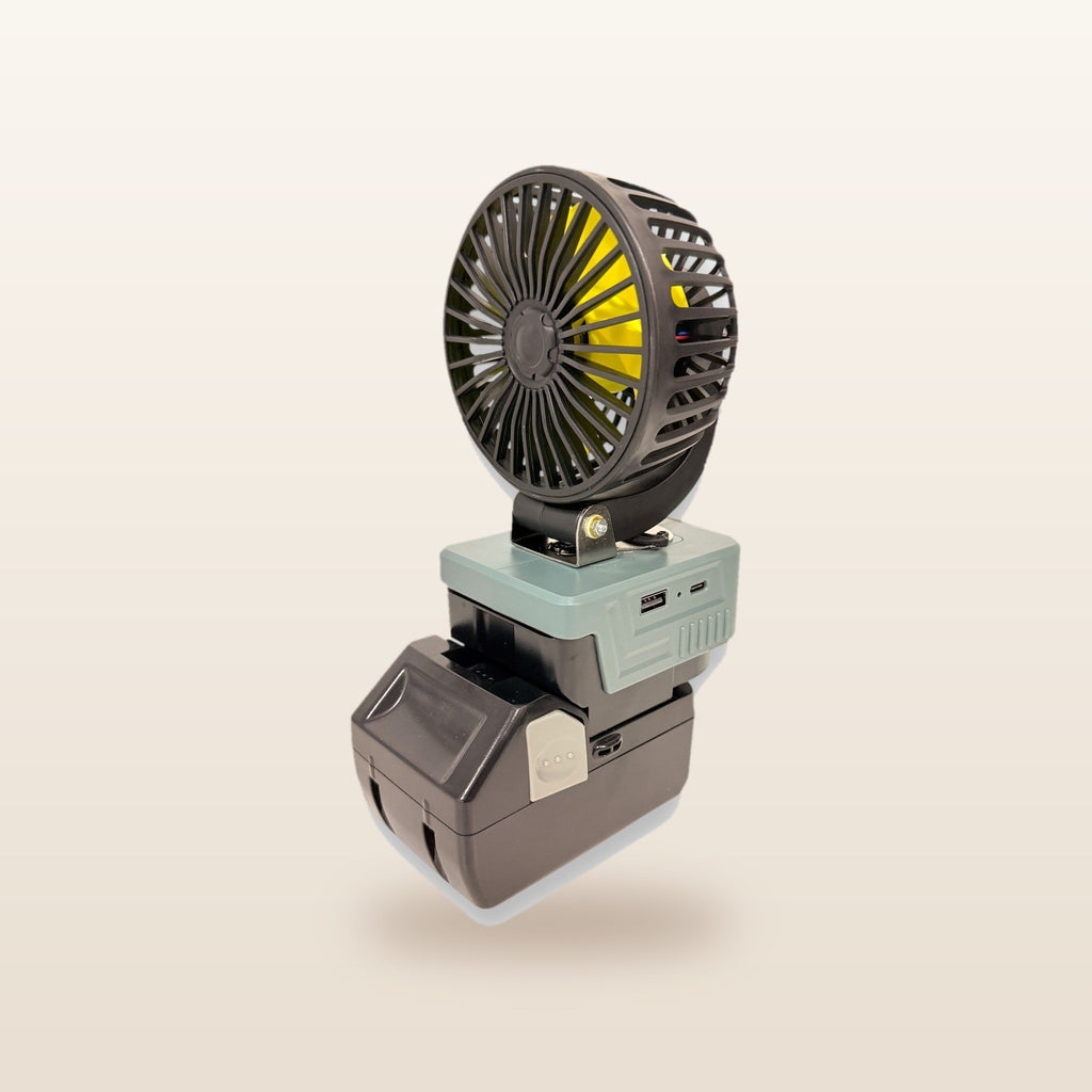 HiKOKI-compatible 18V LED Light & Fan Bundle: fan on an 18V battery, other side
