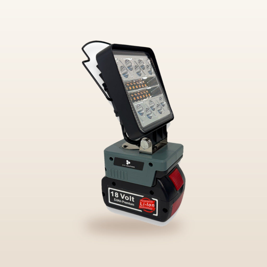 Bosch-compatible 18V LED Camp Light: angled view on an 18V battery