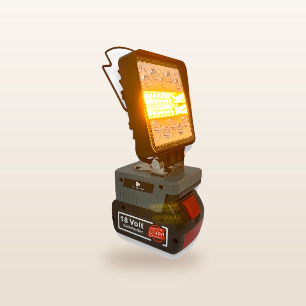 Bosch-compatible 18V LED Camp Light: on an 18V battery, glowing orange