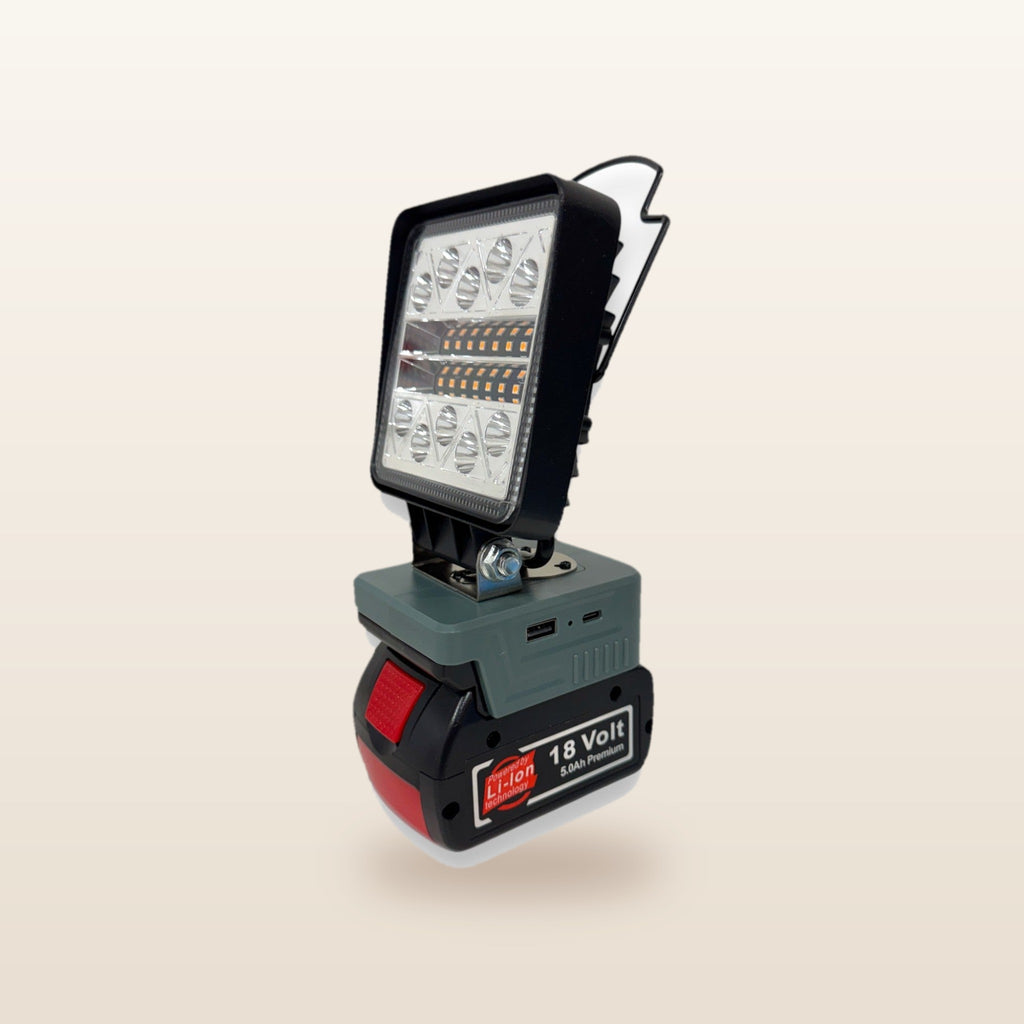 Bosch-compatible 18V LED Camp Light: side angle on an 18V battery