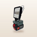 Bosch-compatible 18V LED Camp Light: side angle on an 18V battery