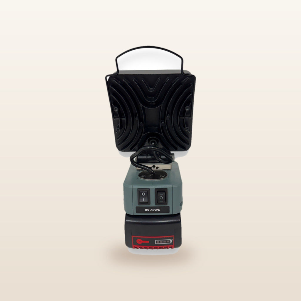 Bosch-compatible 18V LED Camp Light: rear view showing the heat sink and wire handle