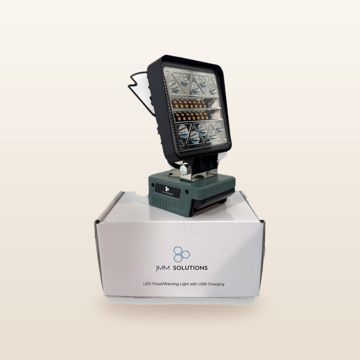 AEG-compatible 18V LED Camp Light: on an 18V battery, standing on its box