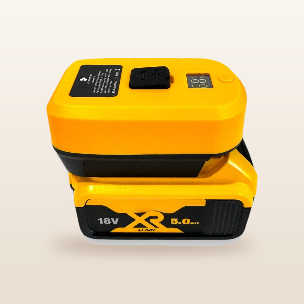 DeWalt-compatible USB-C 65W PD Charger: adaptor on an 18V battery, angled view