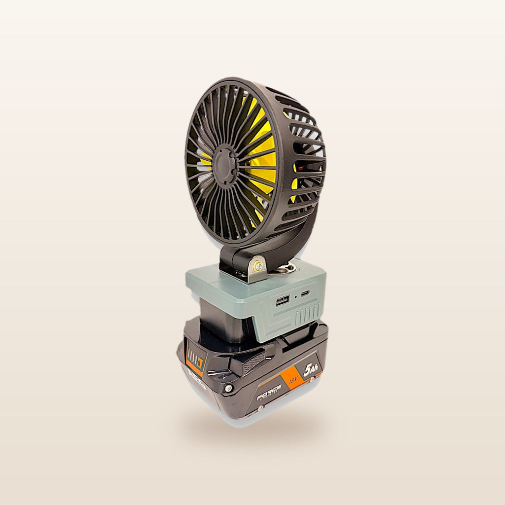AEG-compatible 18V 100mm Fan from Mr Swagman: on an 18V battery, angled view