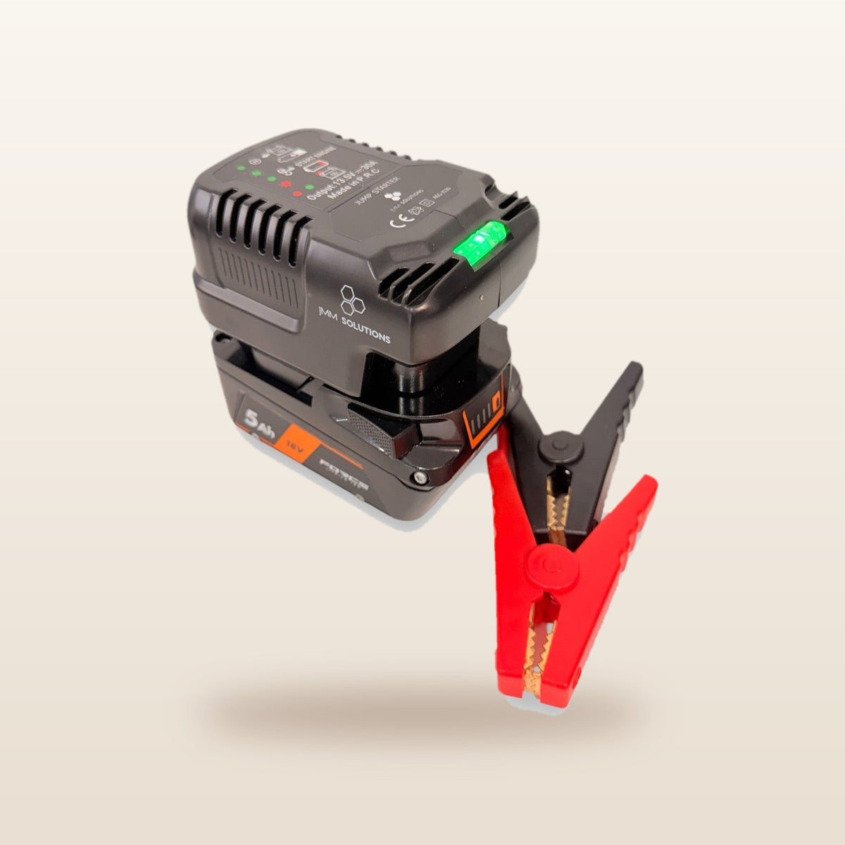 AEG-compatible 18V Jump Starter from Mr Swagman: fitted to an 18V battery, with red and black clamps