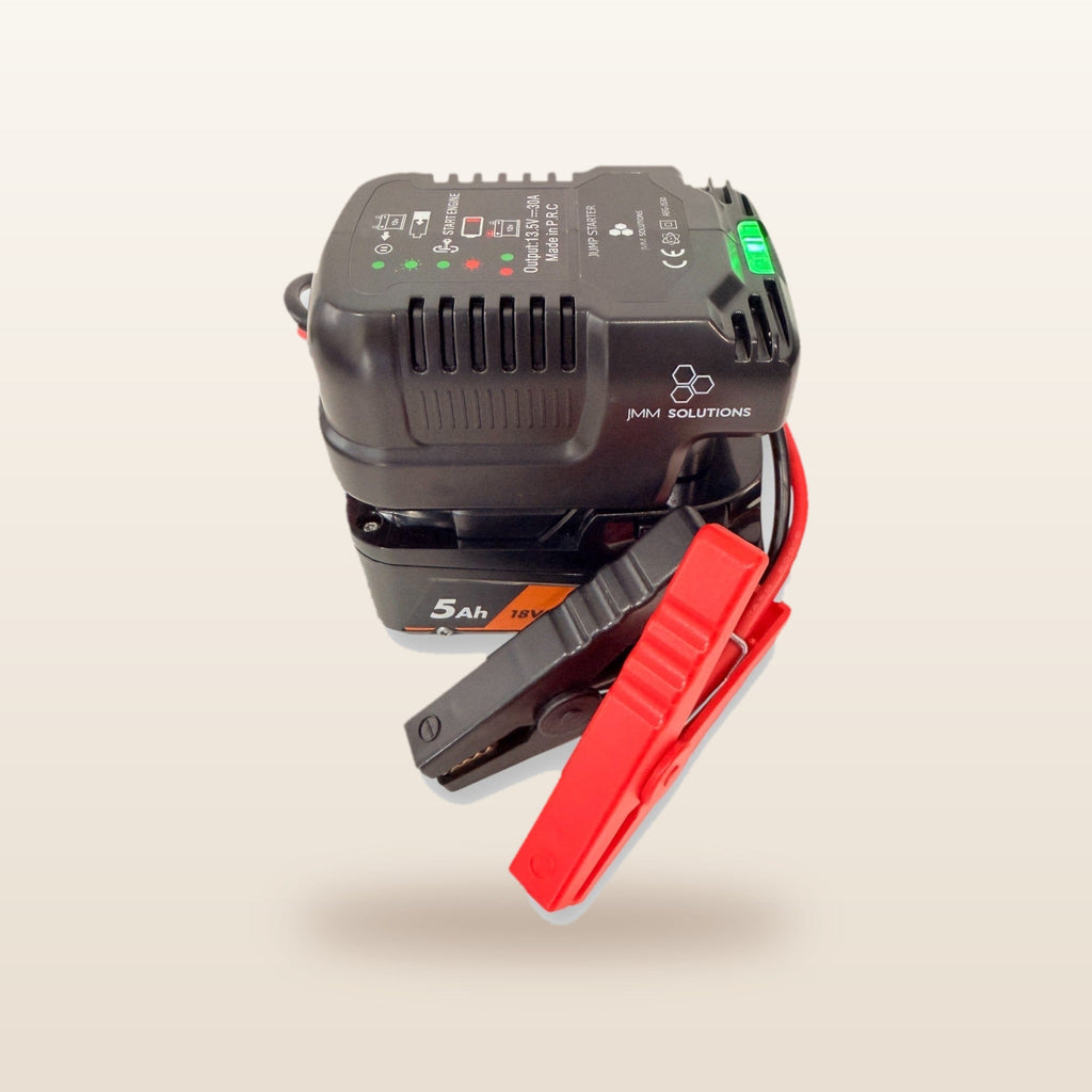 AEG-compatible 18V Jump Starter: angled view with the clamps