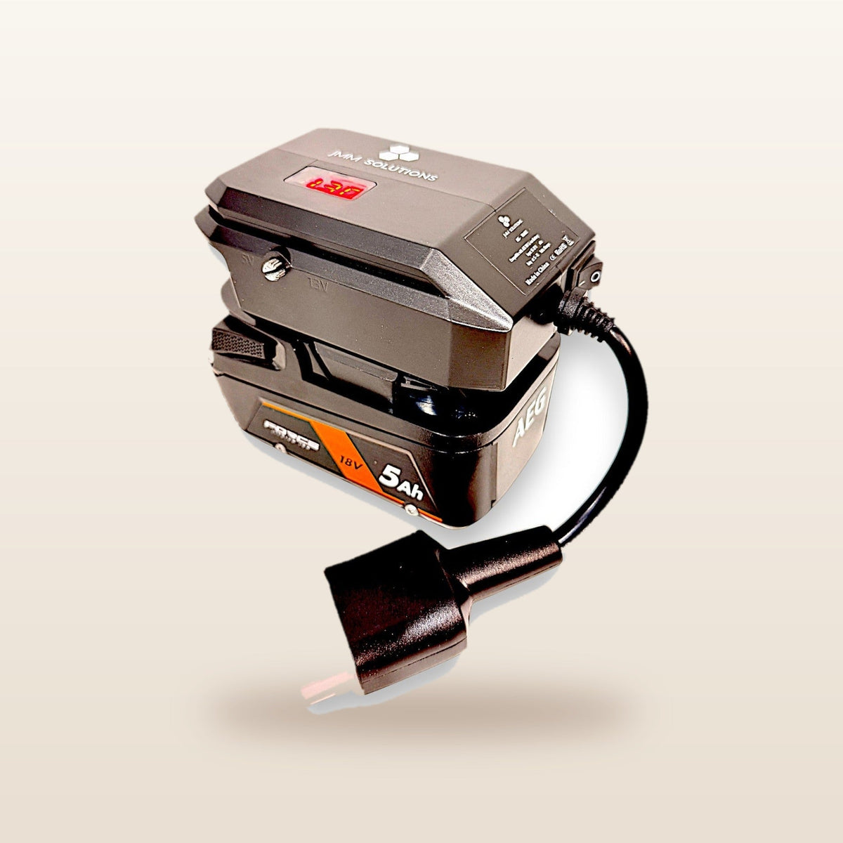 AEG-compatible 18V to 12V Power Supply + Auto Charger Bundle: side view on the battery with Anderson lead