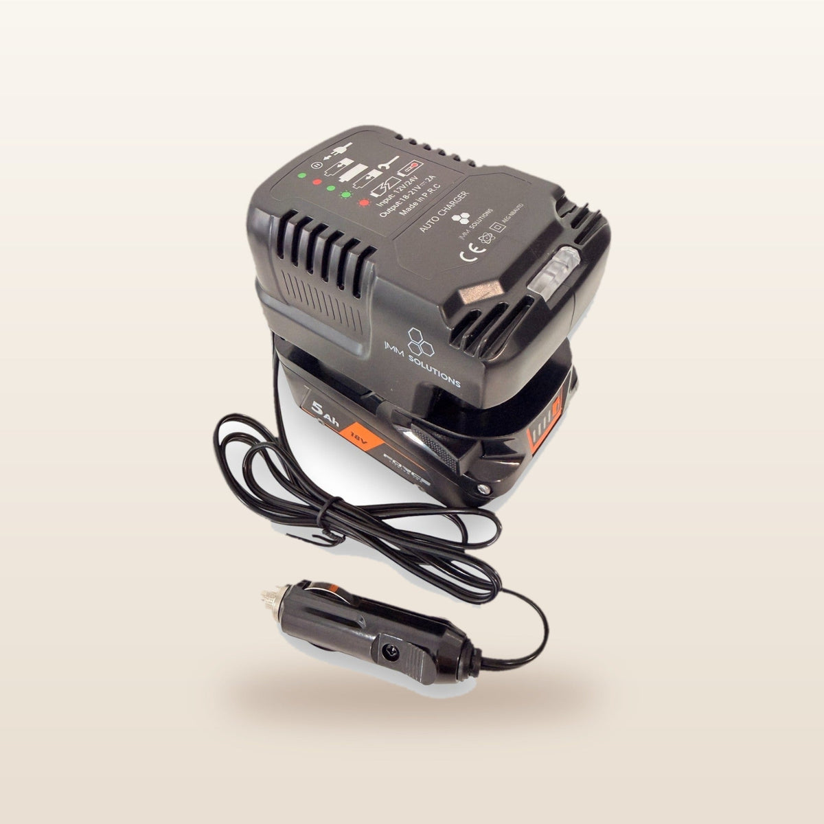 AEG-compatible Auto Charger from Mr Swagman: in-car battery charger with an 18V battery and 12V plug lead