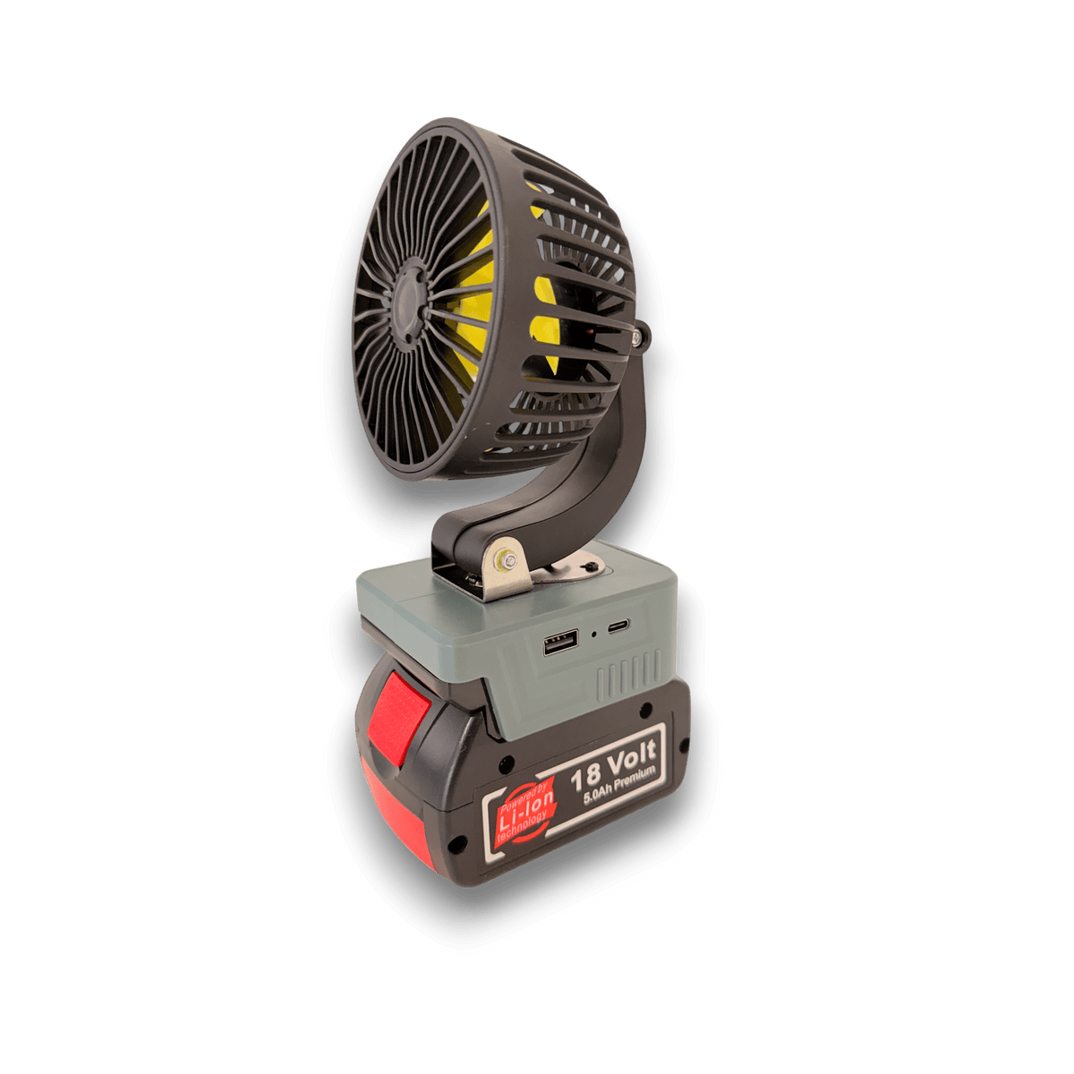 Bosch-compatible 18V 100mm Fan from Mr Swagman: on an 18V battery, angled view