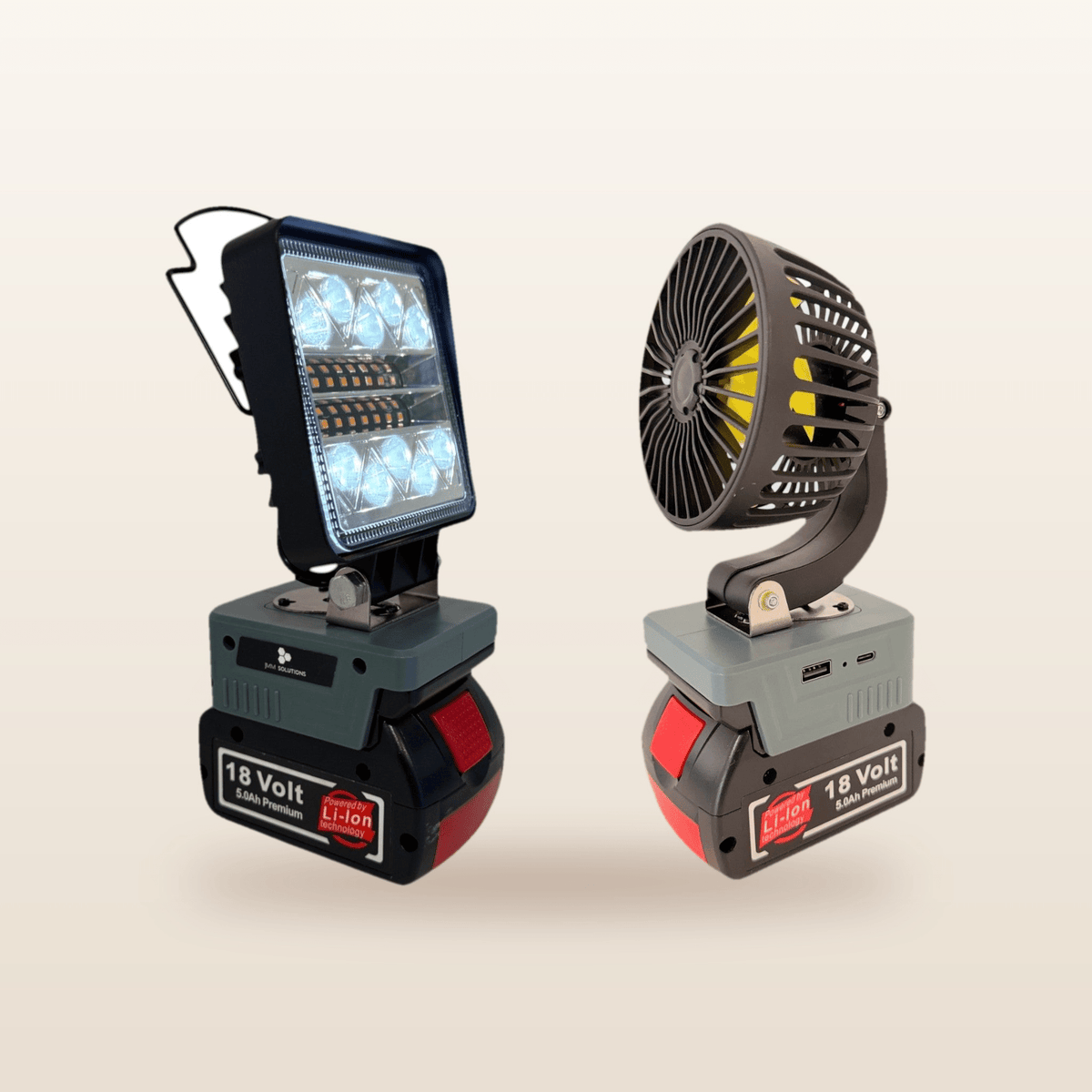 Bosch-compatible 18V LED Light & Fan Bundle from Mr Swagman: LED light and 100mm fan, each on an 18V battery