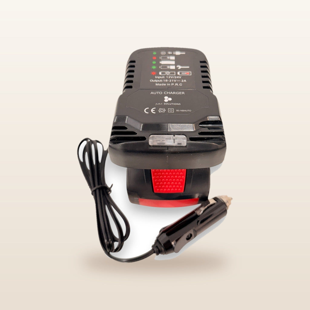 Bosch-compatible Auto Charger: front view with battery fitted and 12V plug lead