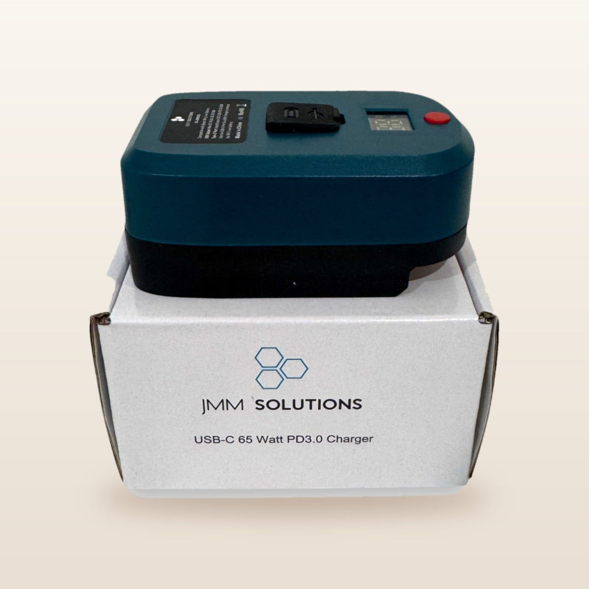 Bosch-compatible USB-C 65W PD Charger: adaptor standing on its box