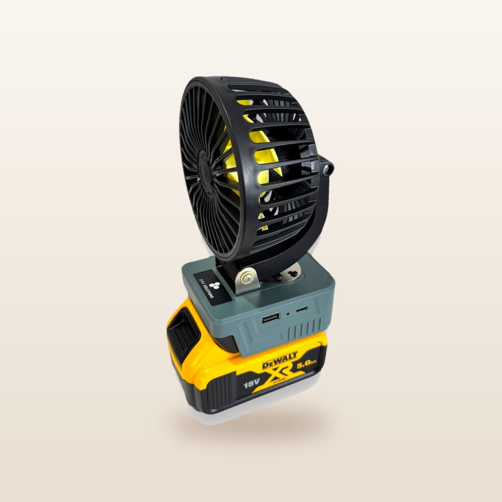 DeWalt-compatible 18V 100mm Fan from Mr Swagman: on an 18V battery, angled view