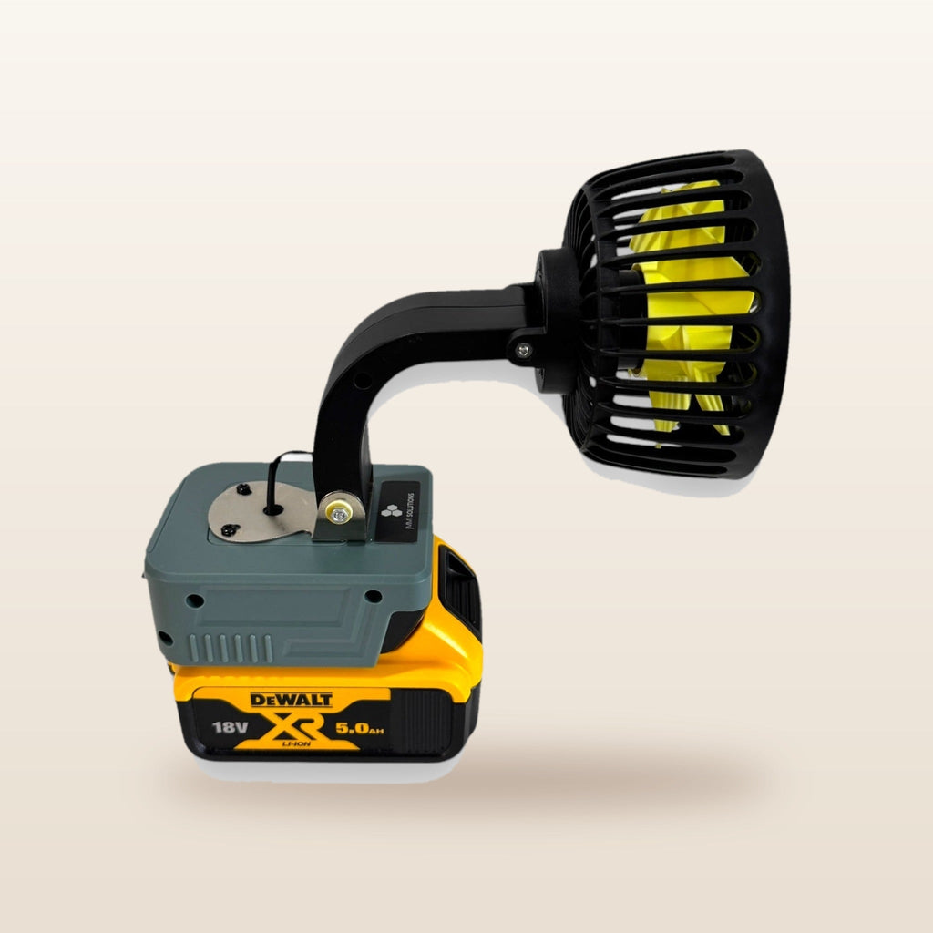 DeWalt-compatible 18V 100mm Fan: fan head tilted on its flexible neck