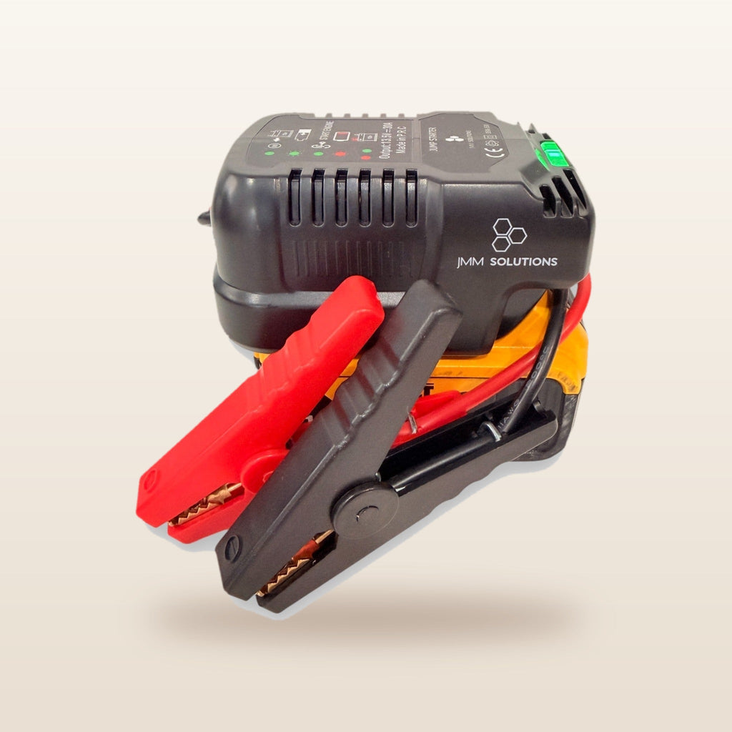 DeWalt-compatible 18V Jump Starter: angled view with the clamps