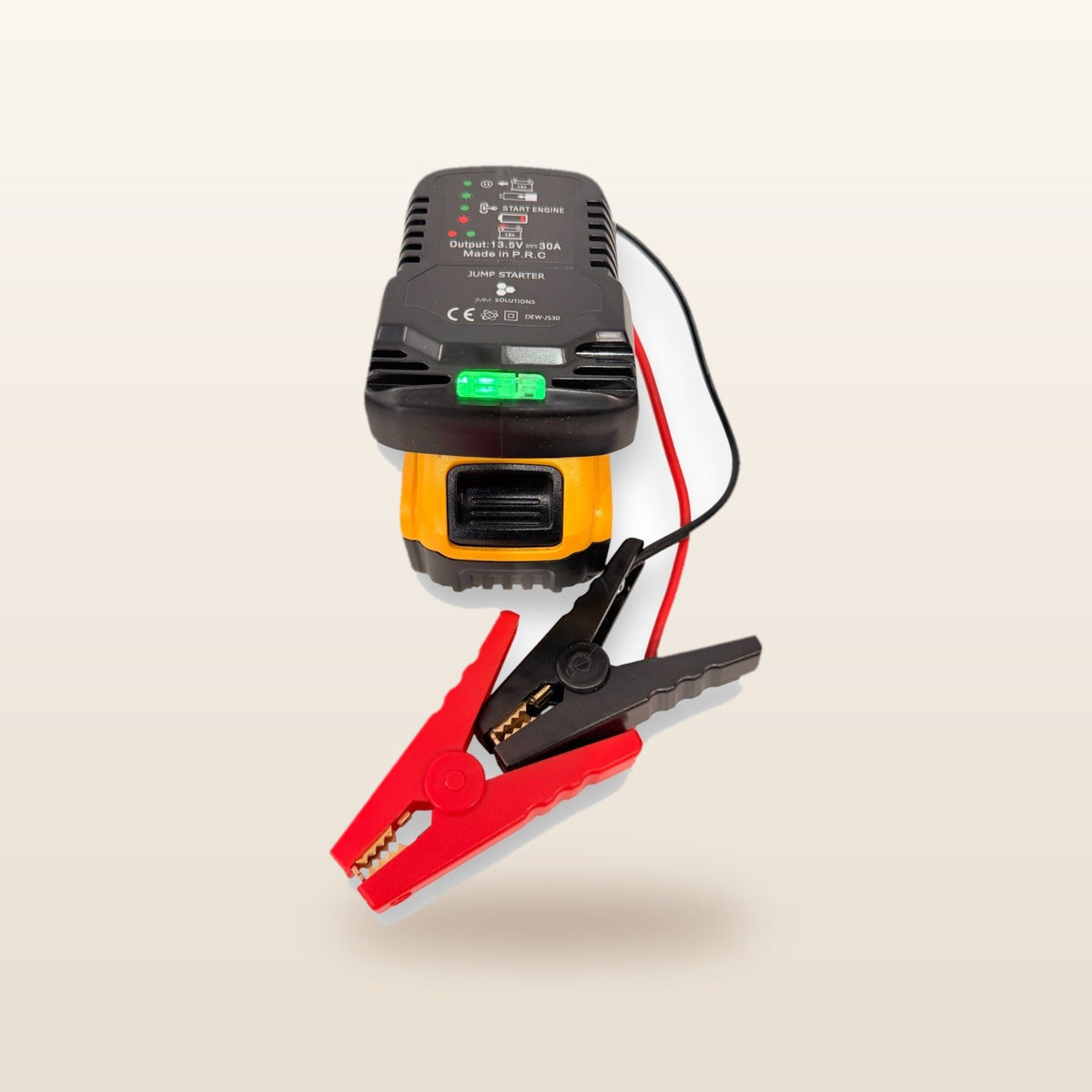 DeWalt-compatible 18V Jump Starter: front view on the battery with clamps