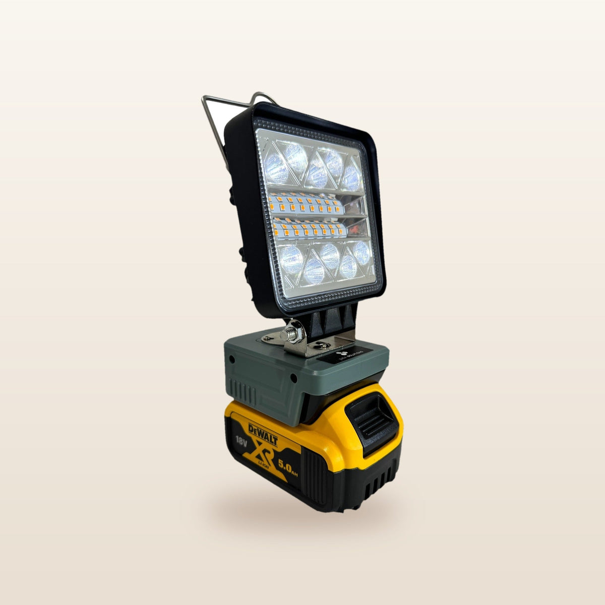 DeWalt-compatible 18V LED Camp Light from Mr Swagman: on an 18V battery, white light on