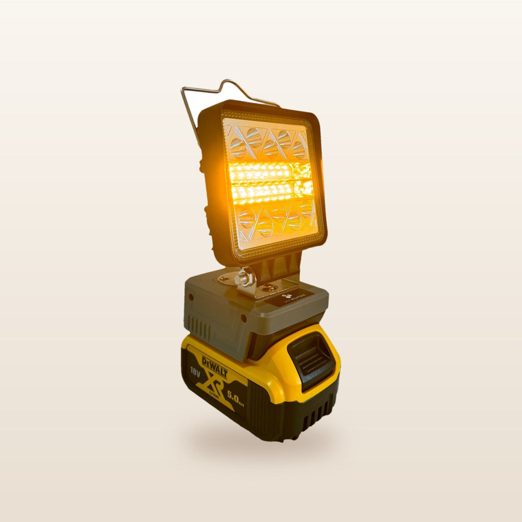 DeWalt-compatible 18V LED Camp Light: on an 18V battery, glowing orange