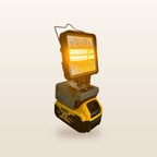 DeWalt-compatible 18V LED Camp Light: on an 18V battery, glowing orange