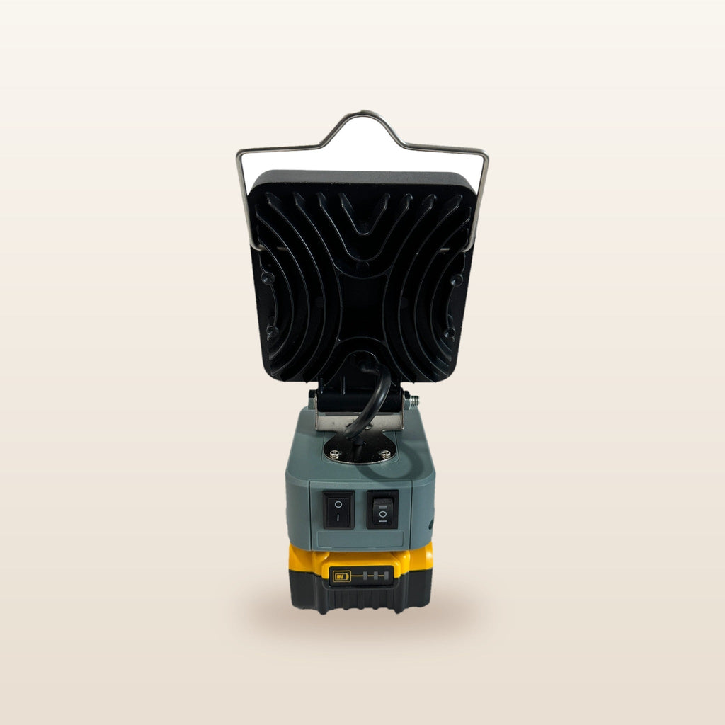 DeWalt-compatible 18V LED Camp Light: rear view showing the heat sink and wire handle
