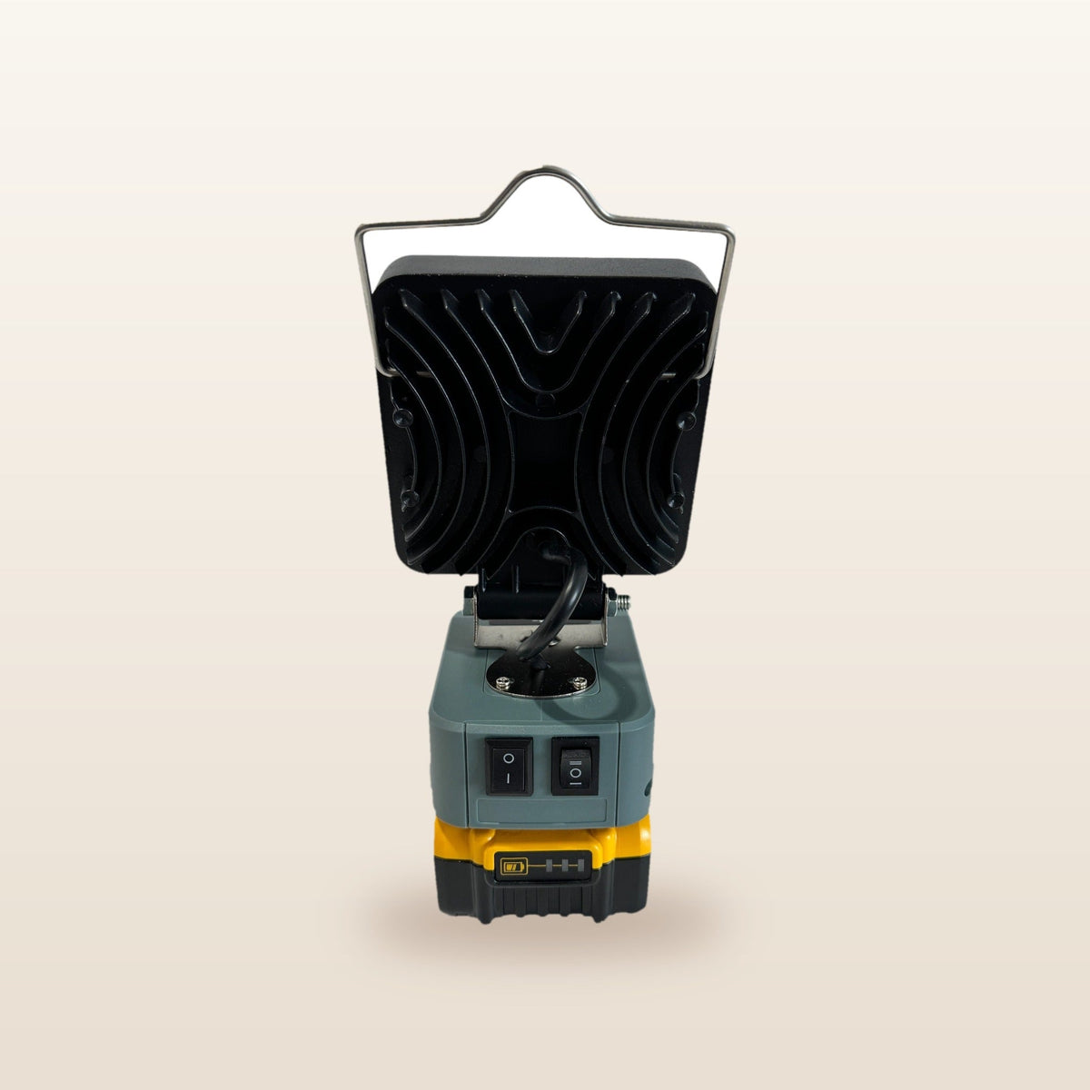 DeWalt-compatible 18V LED Camp Light: rear view showing the heat sink and wire handle