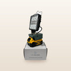 DeWalt-compatible 18V LED Camp Light: on an 18V battery, standing on its box