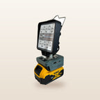 DeWalt-compatible 18V LED Camp Light: side angle on an 18V battery